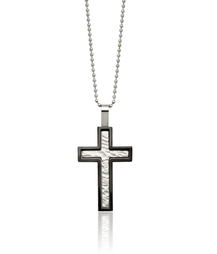 Stainless Steel Hammered Black Holy Cross Necklace Religious Pendant Jesus Christ Charm Ball Link Chain