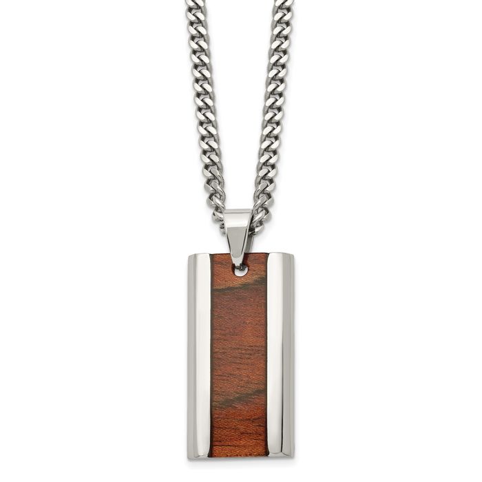 Stainless Steel Koa Wood Inlay Pendant 20 inch Curb Chain Necklace Stainless Steel Koa Wood Inlay Pendant 20 inch Curb Chain Necklace