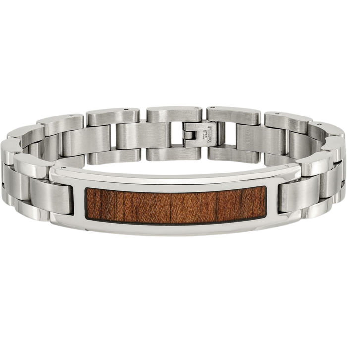 Stainless Steel Koa Wood Link Name Bar Identification ID Bracelet