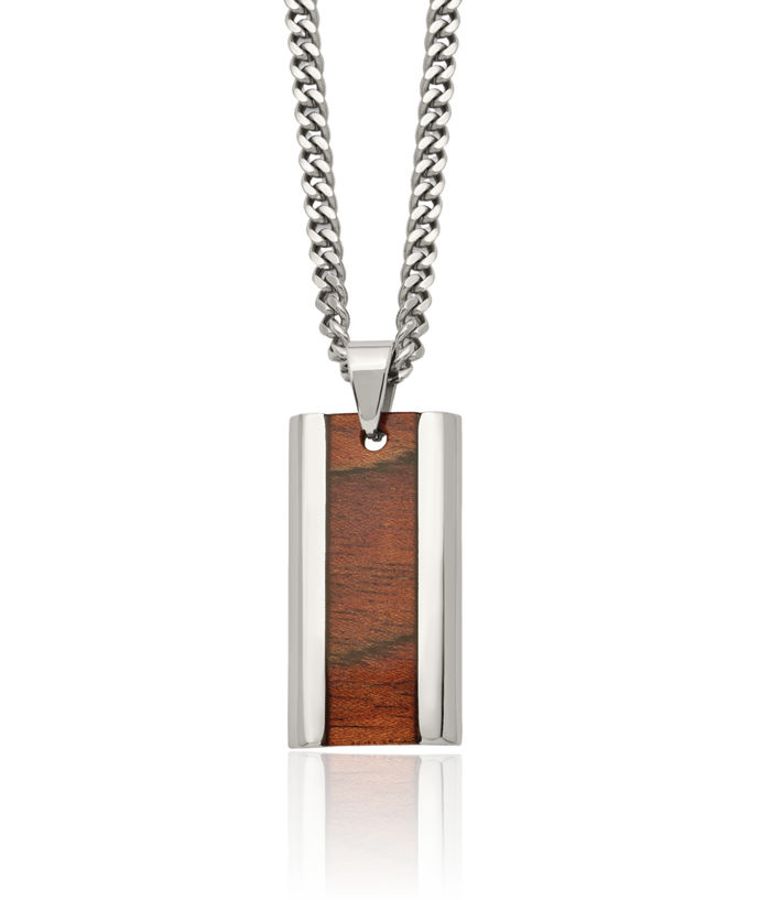 Stainless Steel Koa Wood Necklace Charm Pendant Curb Link Chain