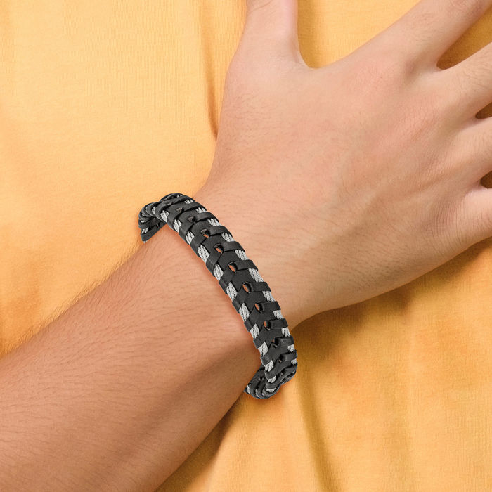 Stainless Steel Cable Black Chain Leather Bracelet