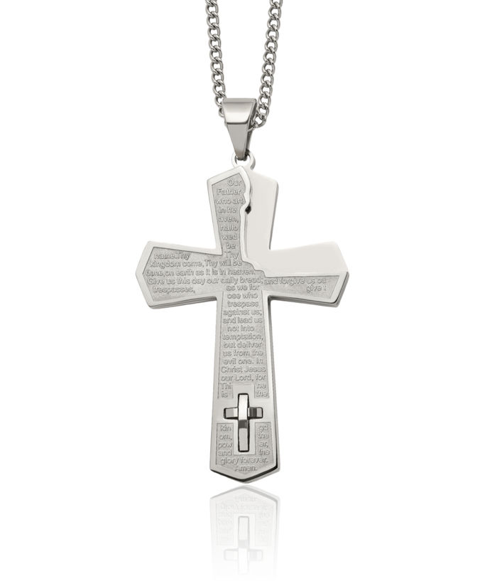 Stainless Steel Lords Prayer Holy Cross Necklace Religious Pendant Jesus Christ Charm Curb Link Chain