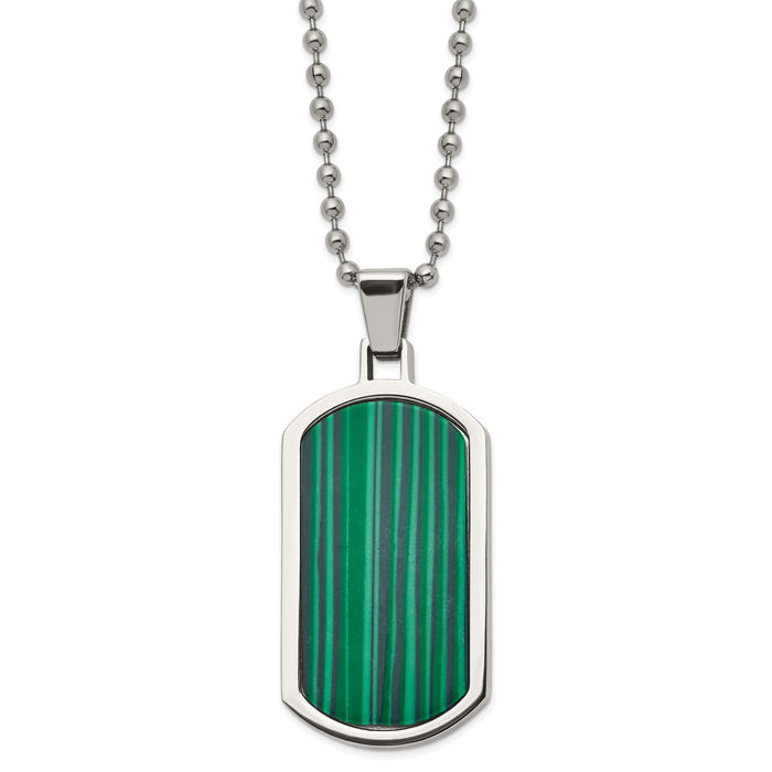 Stainless Steel Malachite Dog Tag Necklace Charm Pendant Ball Link Chain Gemstone