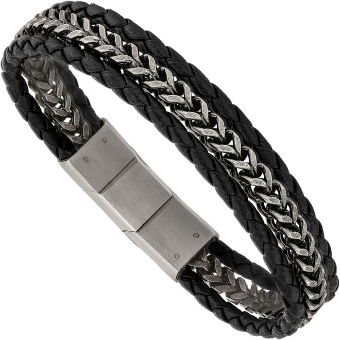 Stainless Steel Vintage Multi Strand Chain Black Leather Bracelet