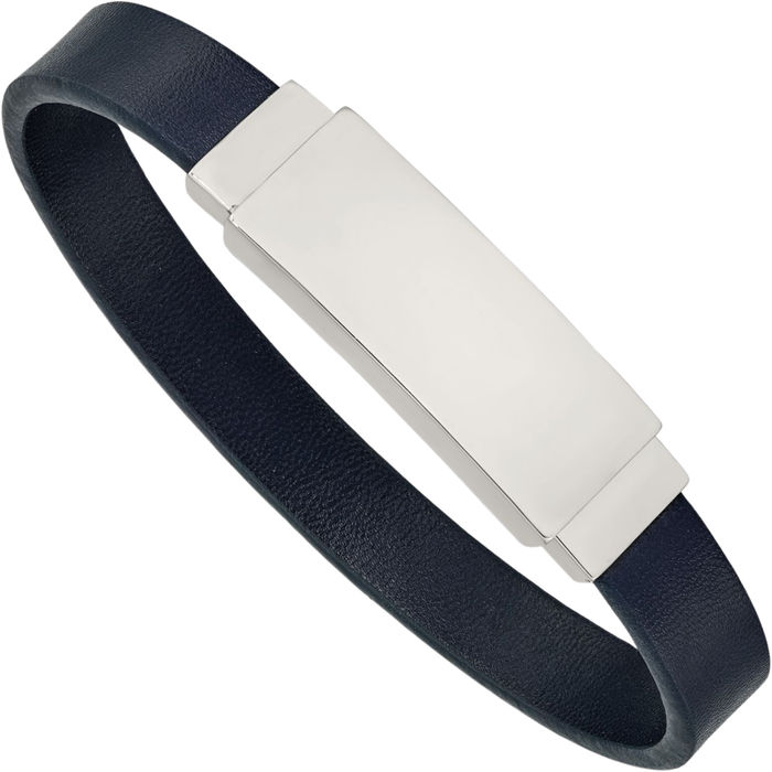 Stainless Steel Navy Blue Name Bar Identification ID Leather Bracelet