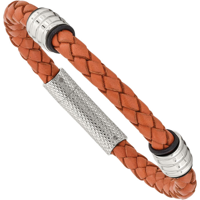 Stainless Steel Orange Braided Black Rubber Chain Leather Bracelet