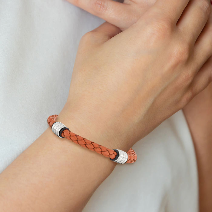 Stainless Steel Orange Braided Black Rubber Chain Leather Bracelet