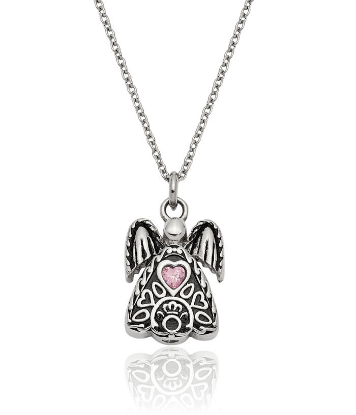 Stainless Steel Pink Cubic Zirconia CZ October Birthstone Vintage Guardian Angel Wings Ash Holder Chain Urn Necklace for Ashes Cremation Jewelry