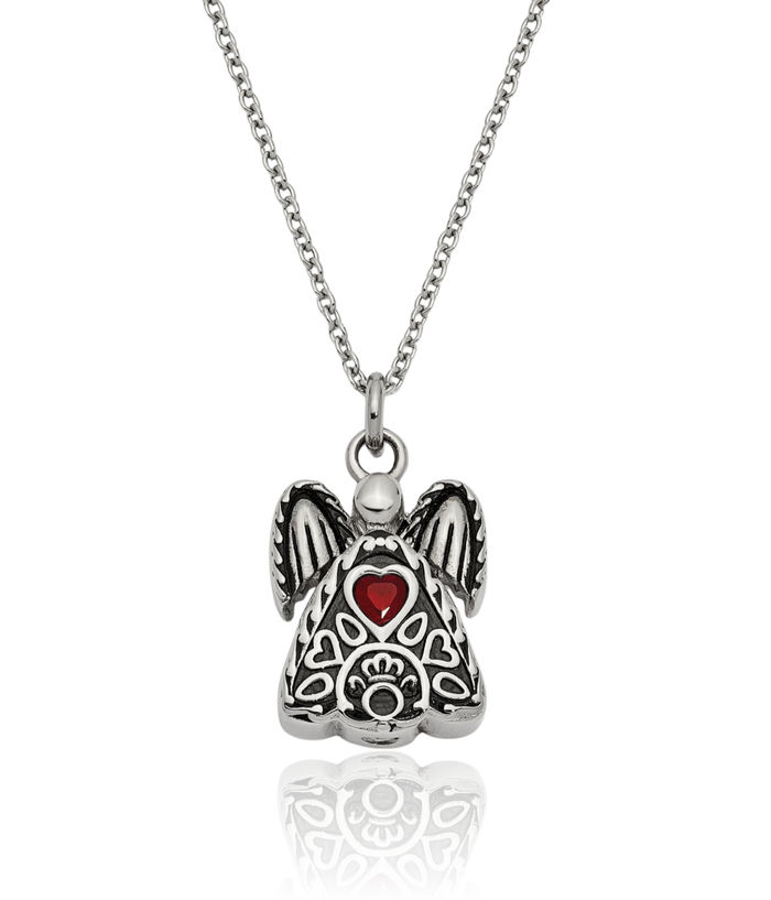 Stainless Steel Red Cubic Zirconia CZ July Birthstone Vintage Guardian Angel Wings Ash Holder Chain Urn Necklace for Ashes Cremation Jewelry