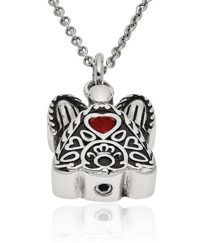 Stainless Steel Red Cubic Zirconia CZ July Birthstone Vintage Guardian Angel Wings Ash Holder Chain Urn Necklace for Ashes Cremation Jewelry