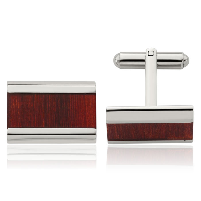 Stainless Steel Red Koa Wood Cufflinks French Tuxedo Shirt Cuff Links Set for Men