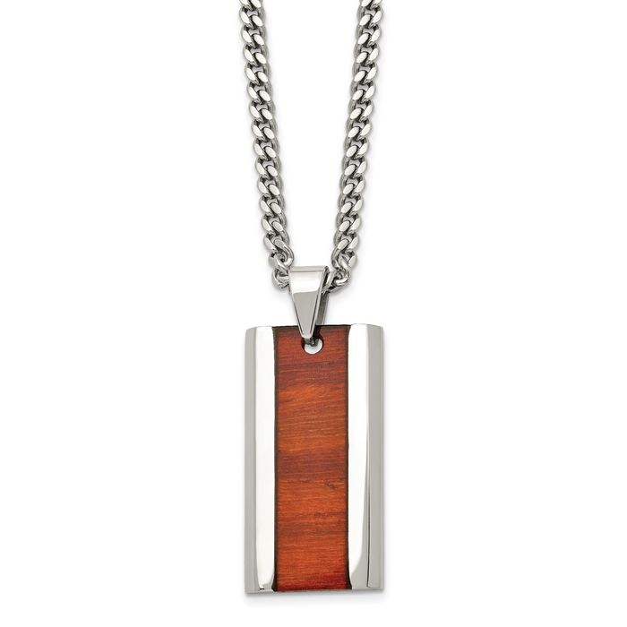 Stainless Steel Koa Wood Inlay Pendant 20 inch Curb Chain Necklace Stainless Steel Koa Wood Inlay Pendant 20 inch Curb Chain Necklace