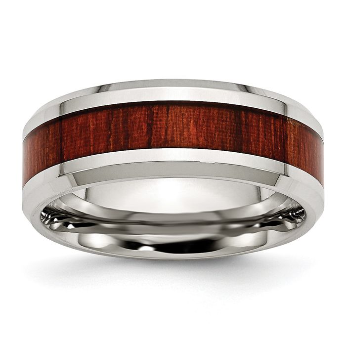 Stainless Steel Polished Brown Koa Wood Inlay Enameled 8mm Band Stainless Steel Polished Brown Koa Wood Inlay Enameled 8mm Band