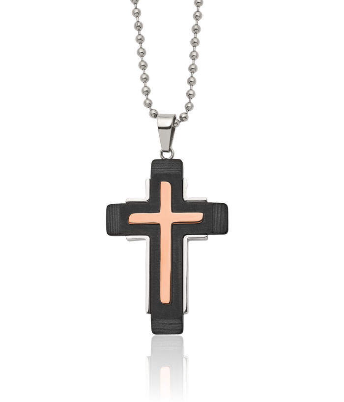 Stainless Steel Rose Pink Gold Black Carbon Fiber Holy Cross Necklace Religious Pendant Jesus Christ Charm Ball Link Chain