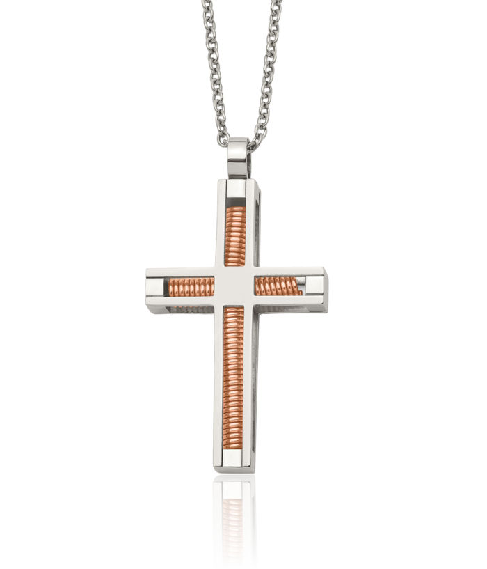 Stainless Steel Rose Pink Gold Holy Cross Pendant Necklace Charm Cable Rolo Link Chain