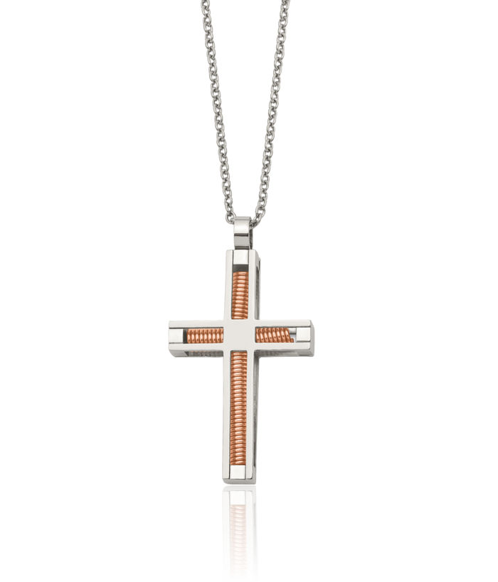 Stainless Steel Rose Pink Gold Holy Cross Pendant Necklace Charm Cable Rolo Link Chain