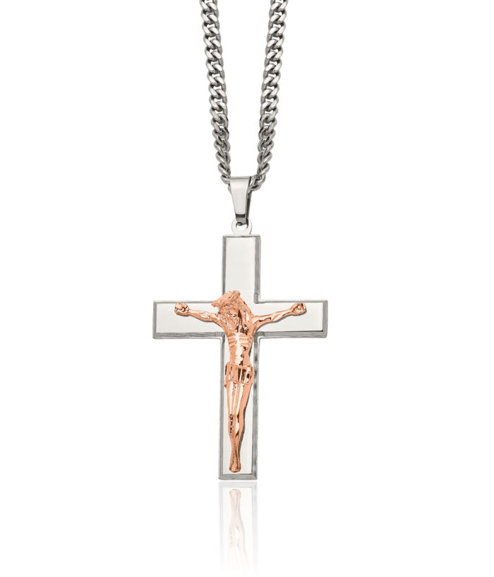 Stainless Steel Rose Pink Gold Lord Jesus Christ Crucifix Holy Cross Necklace Religious Pendant Charm Curb Link Chain