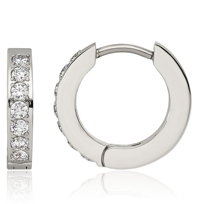 Stainless Steel Row of Cubic Zirconia CZ 2.3mm Huggie Small Hoop Earrings