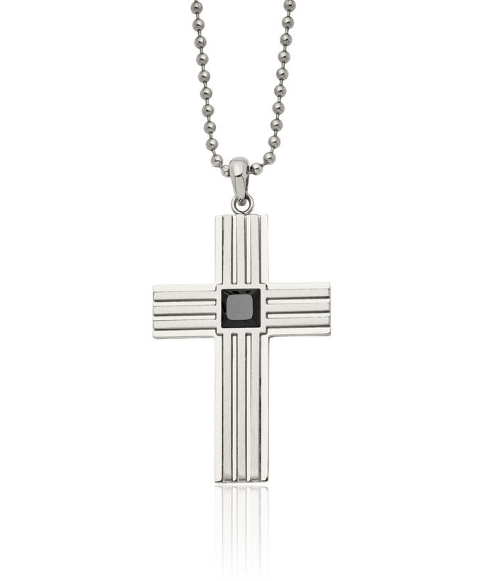 Stainless Steel Square Black Cubic Zirconia CZ Holy Cross Necklace Religious Pendant Jesus Christ Charm Ball Link Chain