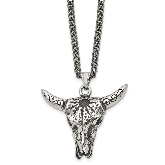 Stainless Steel Vintage Buffalo Bull Head Skull Necklace Western Cowboy Pendant Taurus Charm Curb Link Chain