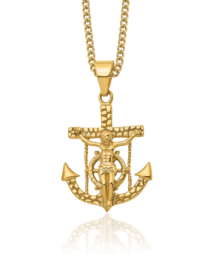 Stainless Steel Yellow Anchor Mariner Holy Cross Necklace Religious Pendant Jesus Christ Charm Curb Link Chain