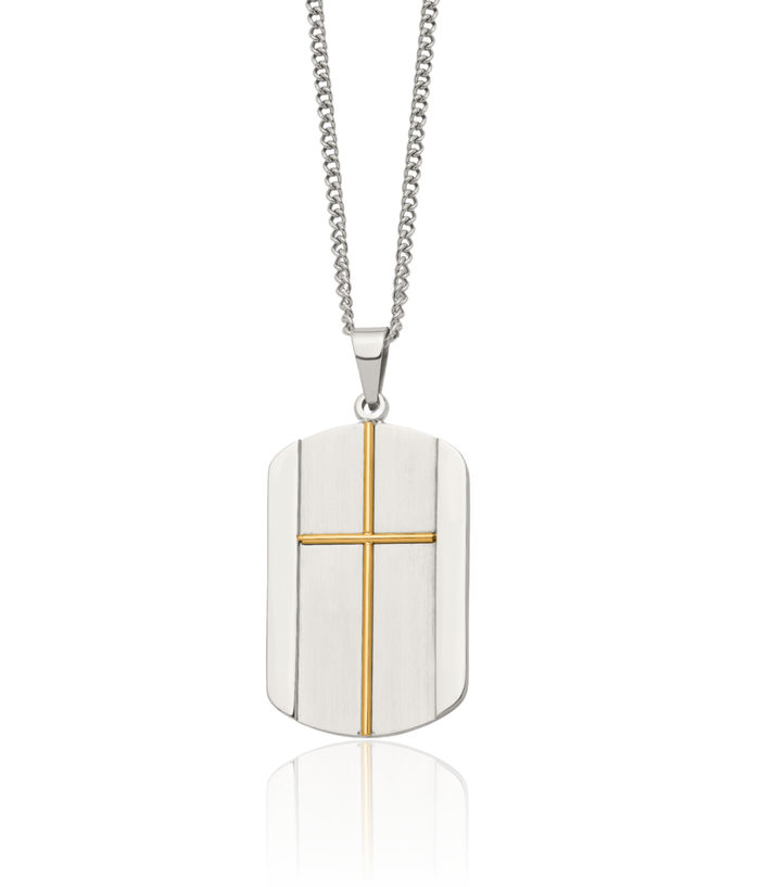 Stainless Steel Yellow Holy Cross Dog Tag Necklace Religious Pendant Jesus Christ Charm Curb Link Chain