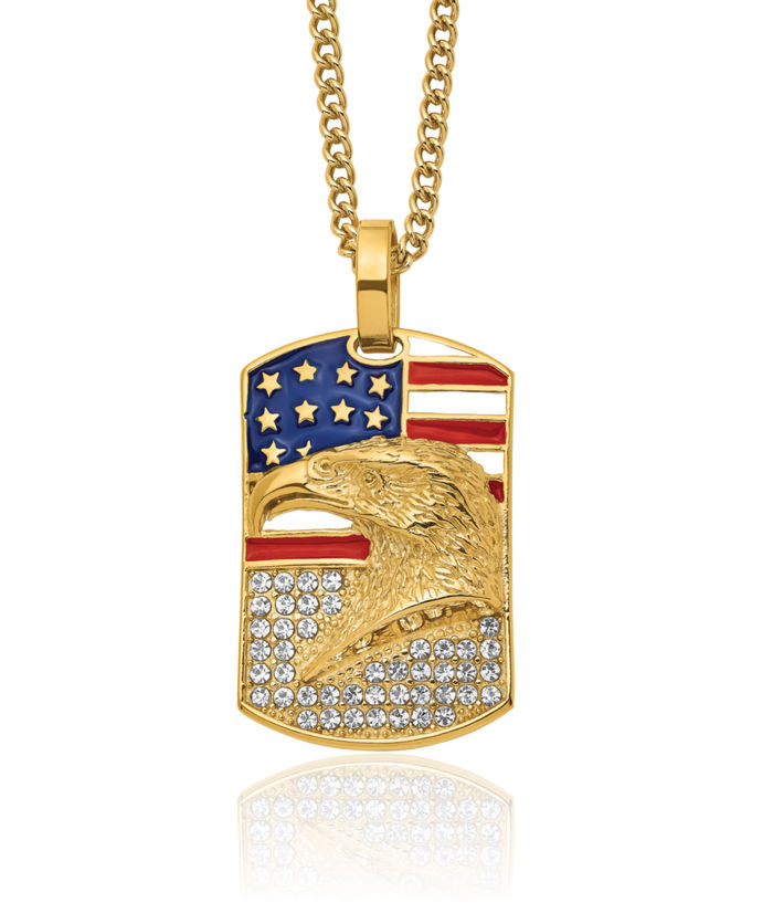 Stainless Steel Yellow Rhinestone Crystals Eagle Symbol of Strength Freedom Hawk Bird American Flag Dog Tag Necklace Charm Pendant Curb Link Chain