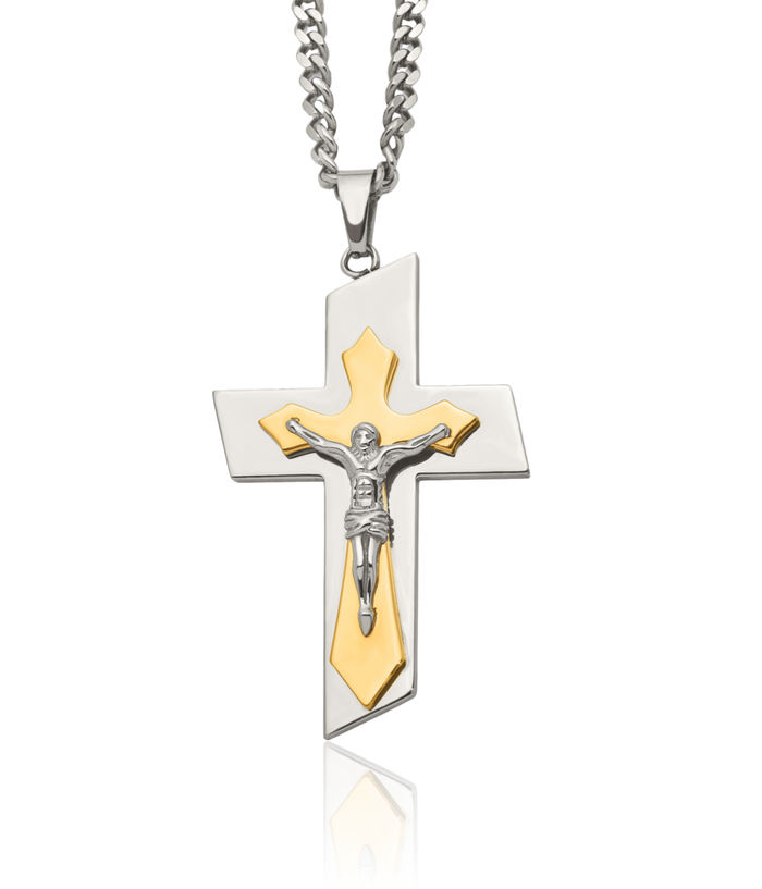 Stainless Steel Yellow Lord Jesus Christ Crucifix Holy Cross Necklace Religious Pendant Charm Curb Link Chain