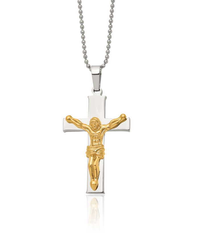 Stainless Steel Yellow Lord Jesus Christ Crucifix Holy Cross Necklace Religious Pendant Charm Ball Link Chain