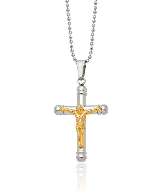 Stainless Steel Yellow Lord Jesus Christ Crucifix Holy Cross Necklace Religious Pendant Charm Ball Link Chain