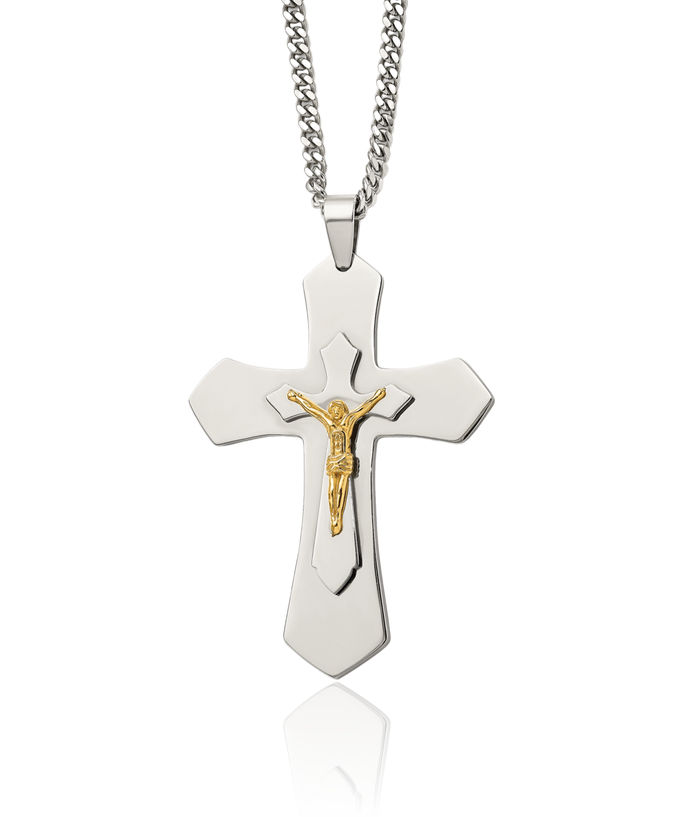 Stainless Steel Yellow Lord Jesus Christ Crucifix Holy Cross Necklace Religious Pendant Charm Curb Link Chain