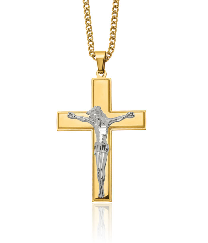 Stainless Steel Yellow Lord Jesus Christ Crucifix Holy Cross Necklace Religious Pendant Charm Curb Link Chain