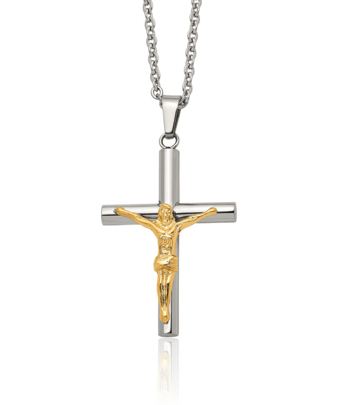 Stainless Steel Yellow Lord Jesus Christ Crucifix Holy Cross Pendant Necklace Charm Cable Rolo Link Chain