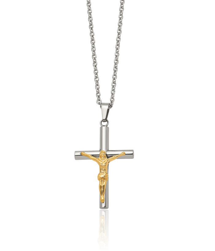 Stainless Steel Yellow Lord Jesus Christ Crucifix Holy Cross Pendant Necklace Charm Cable Rolo Link Chain