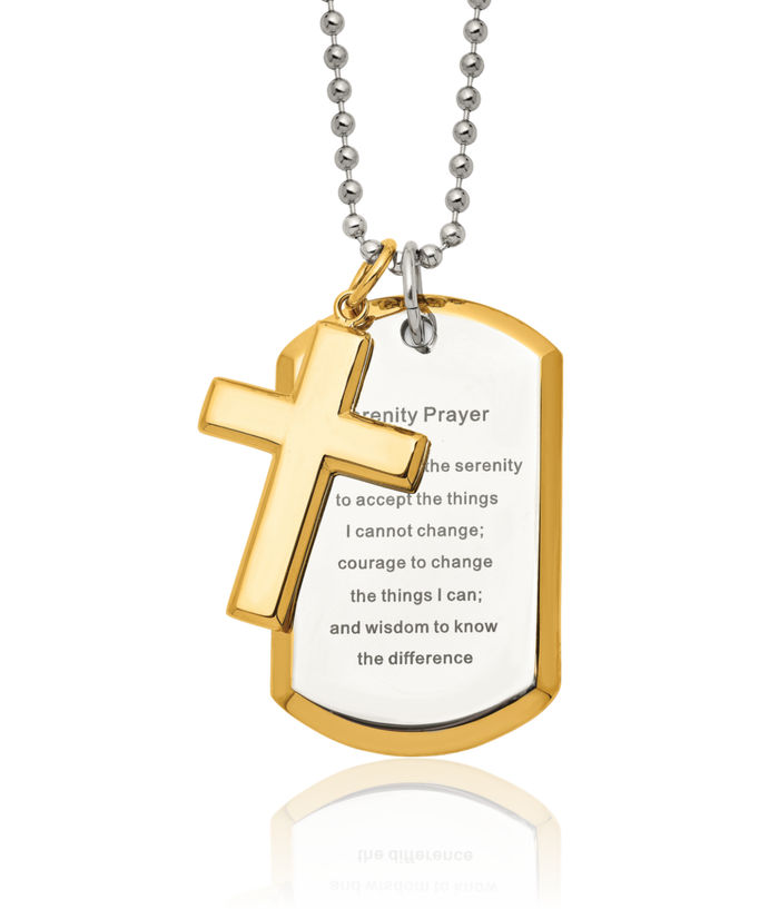 Stainless Steel Yellow Set Holy Cross Serenity Prayer Dog Tag Necklace Religious Pendant Jesus Christ Charm Ball Link Chain