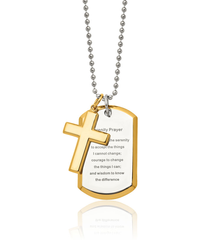 Stainless Steel Yellow Set Holy Cross Serenity Prayer Dog Tag Necklace Religious Pendant Jesus Christ Charm Ball Link Chain