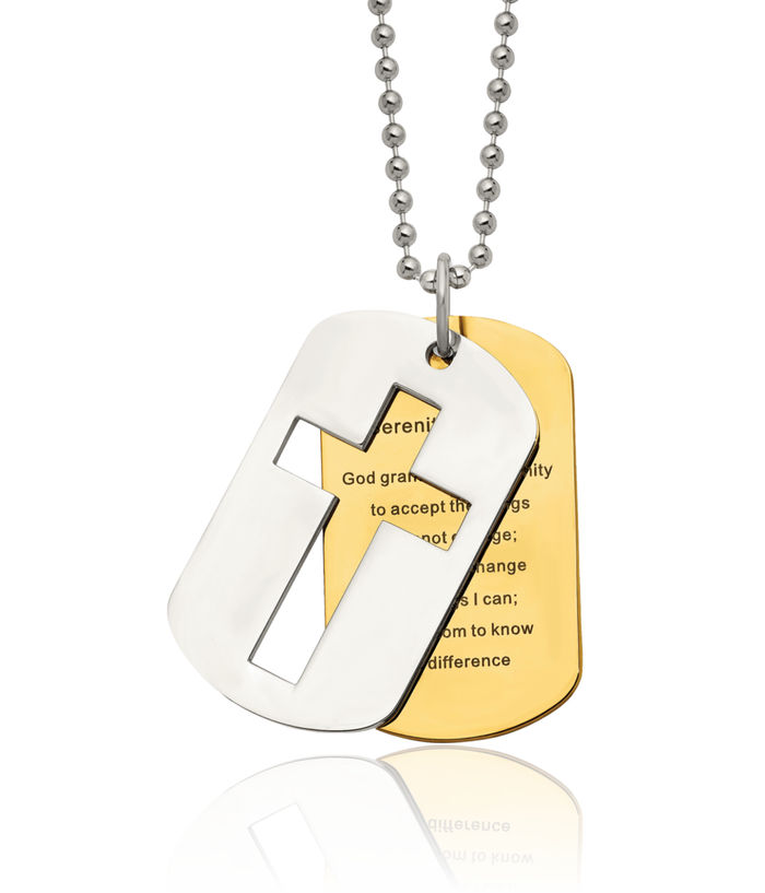 Stainless Steel Yellow Set Holy Cross Serenity Prayer Dog Tag Necklace Religious Pendant Jesus Christ Charm Ball Link Chain