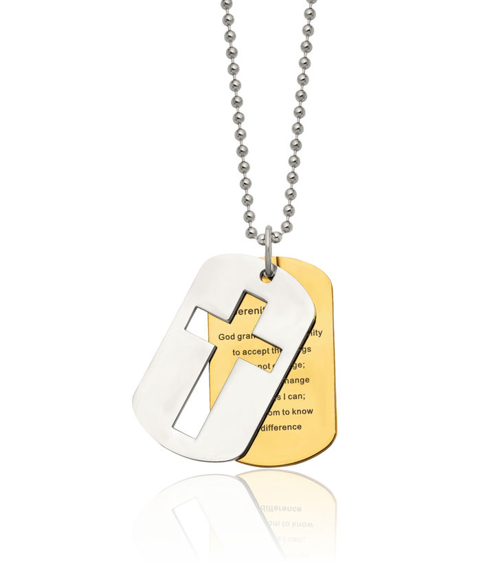 Stainless Steel Yellow Set Holy Cross Serenity Prayer Dog Tag Necklace Religious Pendant Jesus Christ Charm Ball Link Chain