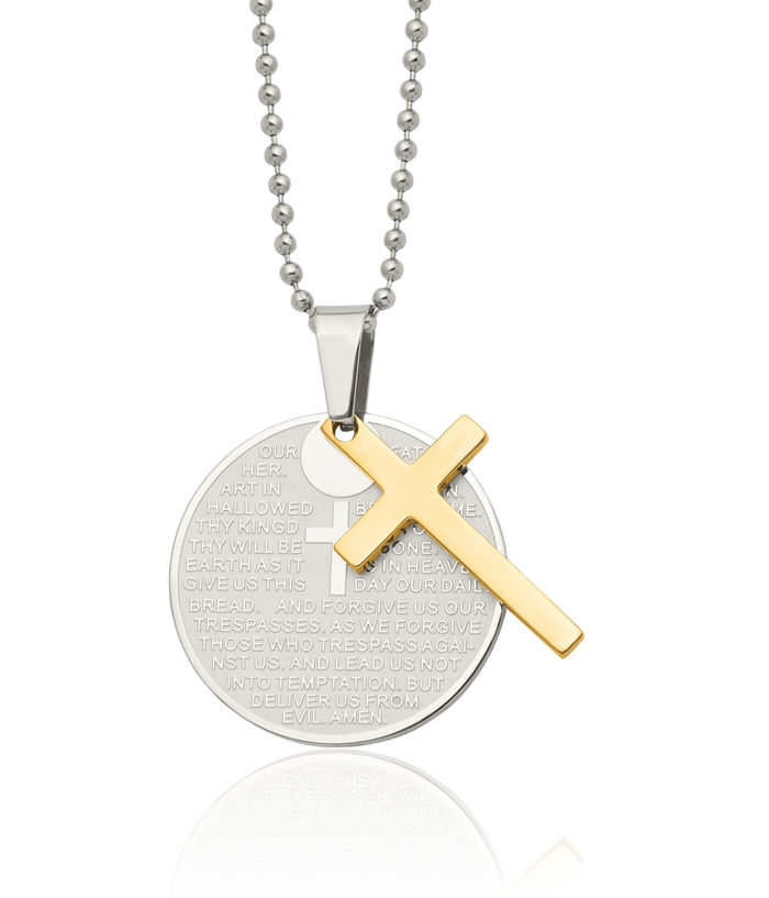 Stainless Steel Yellow Set Lords Prayer Holy Cross Necklace Religious Pendant Jesus Christ Charm Ball Link Chain