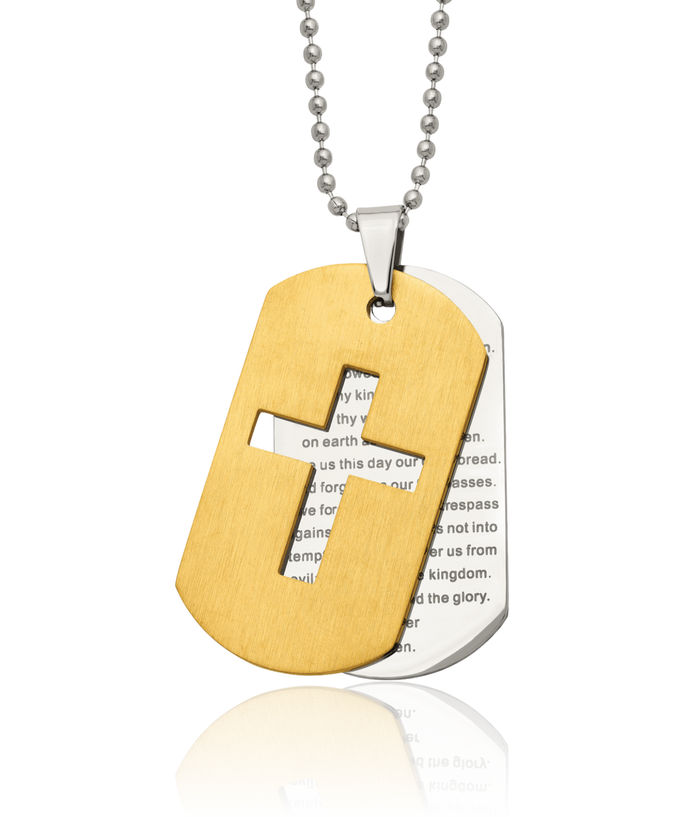 Stainless Steel Yellow Set Prayer Holy Cross Dog Tag Necklace Religious Pendant Jesus Christ Charm Ball Link Chain