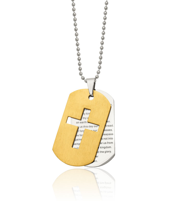 Stainless Steel Yellow Set Prayer Holy Cross Dog Tag Necklace Religious Pendant Jesus Christ Charm Ball Link Chain