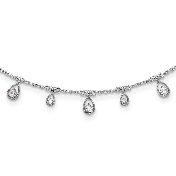 925 Sterling Silver Cubic Zirconia CZ 19 Teardrop Stations Necklace Chain