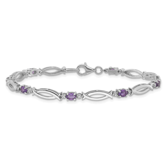 925 Sterling Silver Amethyst Diamond Tennis Bracelet - Picture 11 of 12
