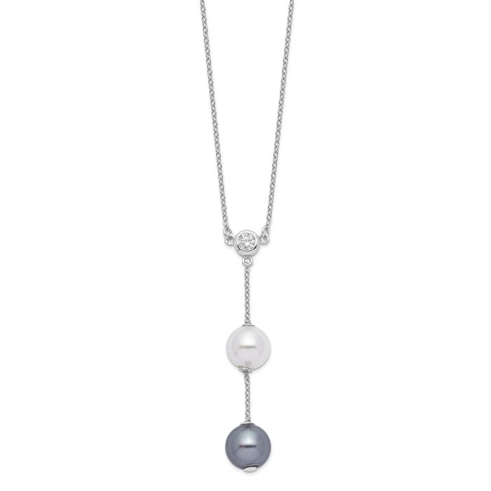 925 Sterling Silver 10mm White Grey Shell Pearl Cubic Zirconia CZ Necklace Chain