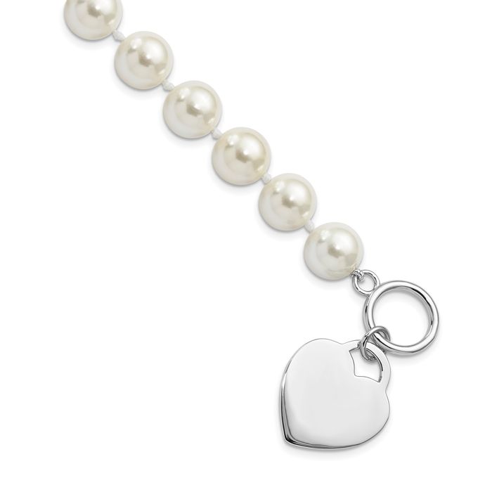 925 Sterling Silver 10mm White Shell Pearl Engraved Personalized Heart Chain Charm Bracelet