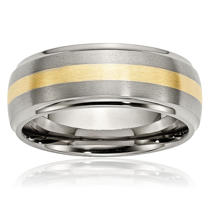 Titanium 14K Gold 8mm Ridged Edge Wedding Band Ring