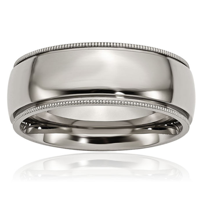 Titanium 8mm Beaded Edge Plain Classic Wedding Band Ring