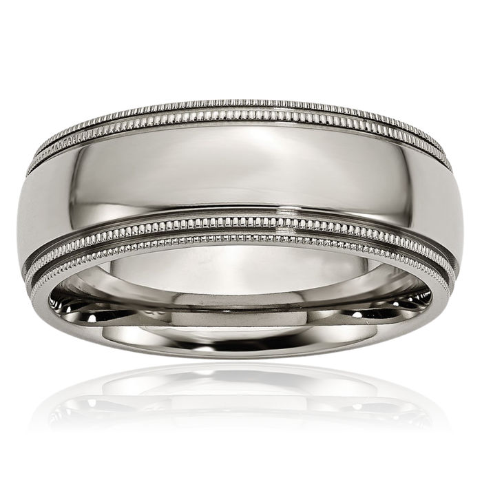 Titanium 8mm Beaded Edge Plain Classic Wedding Band Ring