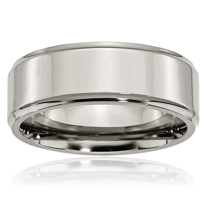 Titanium 8mm Ridged Edge Plain Classic Wedding Band Ring