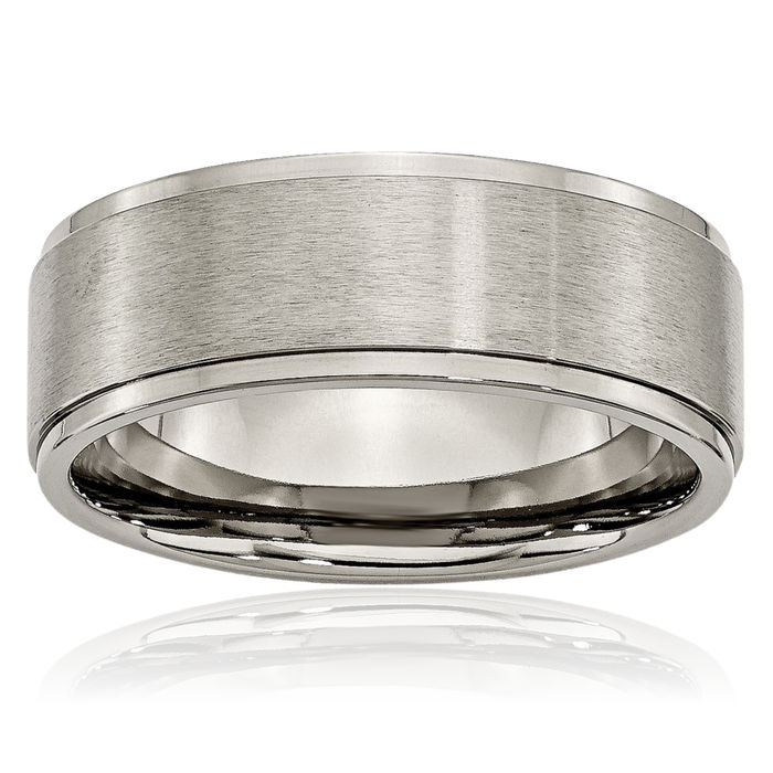 Titanium 8mm Ridged Edge Plain Classic Wedding Band Ring